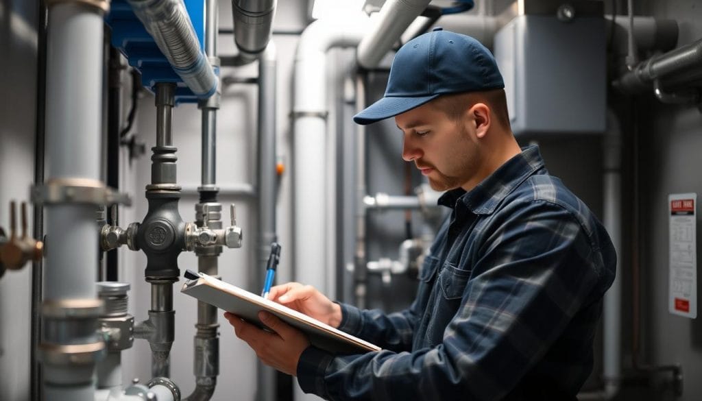 Commercial plumbing preventative maintenance inspection being performed