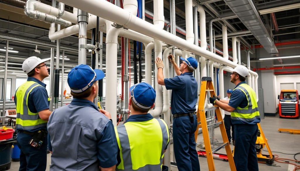Commercial plumbing technicians working on a large system installation