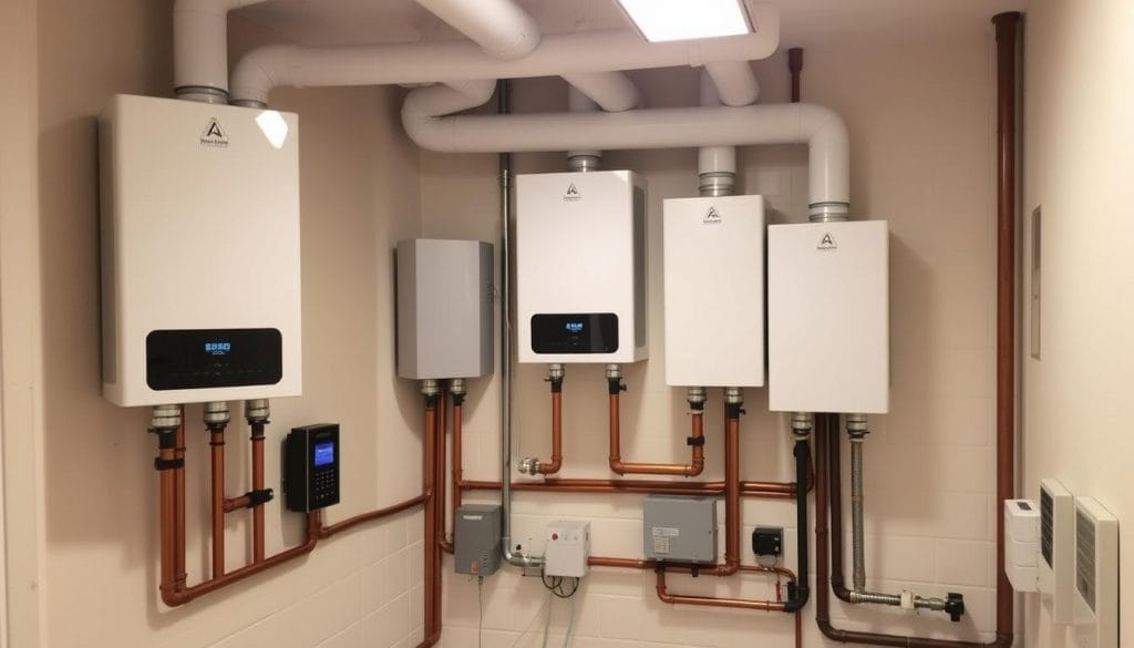 Commercial tankless water heater installation in a business setting