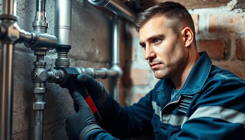 Gas and water line plumbing technician inspecting pipes